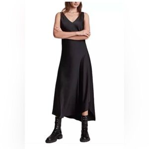All Saints Arta satin slip dress size S black sleeveless v neck midi LBD